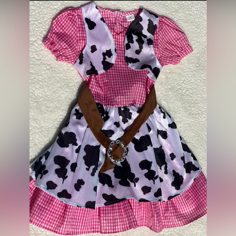 Girls Pink Gingham Cow Print Costume Dress with Brown Belt
